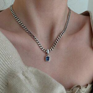 NEW 925 Sterling Silver Chain Blue Cubic Zirconia Pendant Cuban Chain Necklace